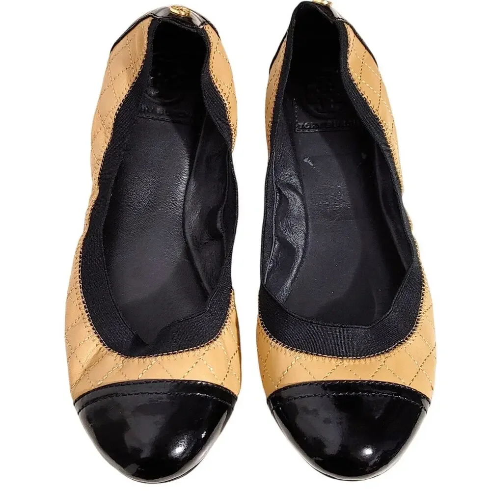 Tory Burch Bridgette Beige Patent Leather Quilted Scrunch Ballet Flat Shoes 9M